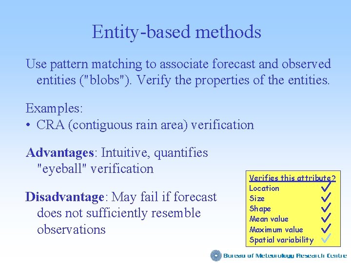 Entity-based methods Use pattern matching to associate forecast and observed entities ("blobs"). Verify the