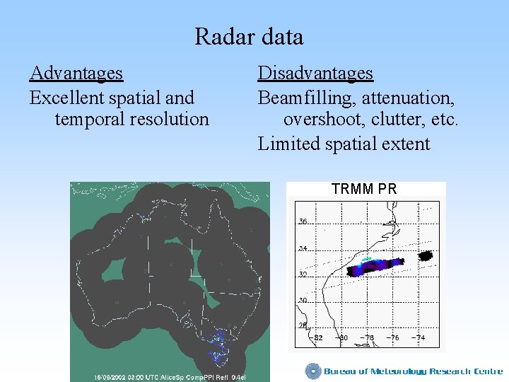 Radar data Advantages Excellent spatial and temporal resolution Disadvantages Beamfilling, attenuation, overshoot, clutter, etc.