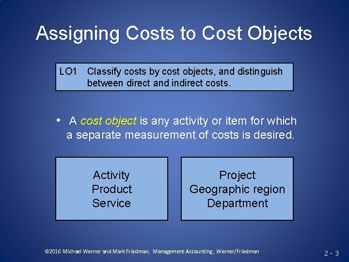 Assigning Costs to Cost Objects LO 1 Classify costs by cost objects, and distinguish