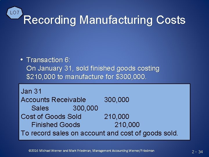 LO 7 Recording Manufacturing Costs • Transaction 6: On January 31, sold finished goods