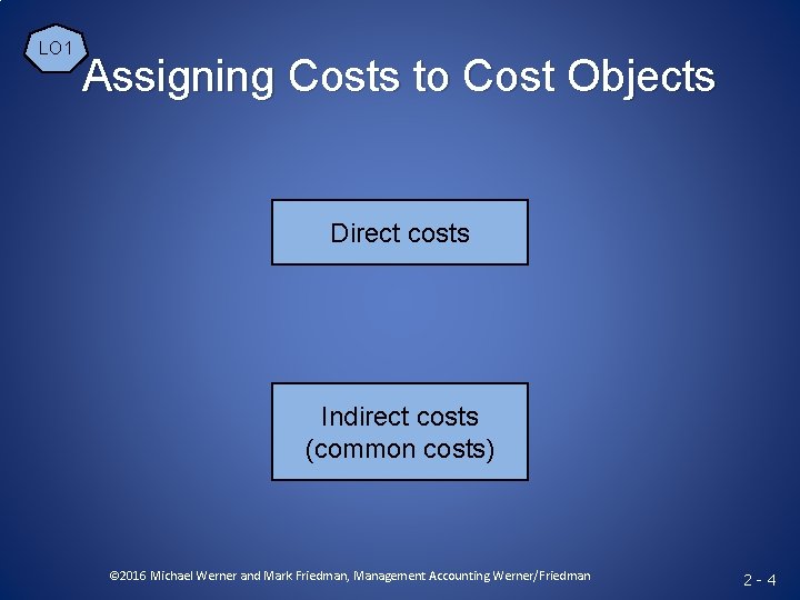LO 1 Assigning Costs to Cost Objects Direct costs Indirect costs (common costs) ©