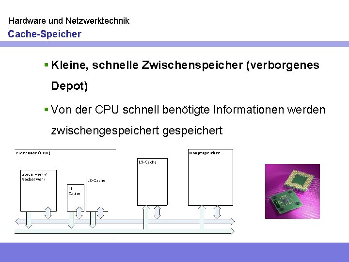 Hardware und Netzwerktechnik Cache-Speicher § Kleine, schnelle Zwischenspeicher (verborgenes Depot) § Von der CPU