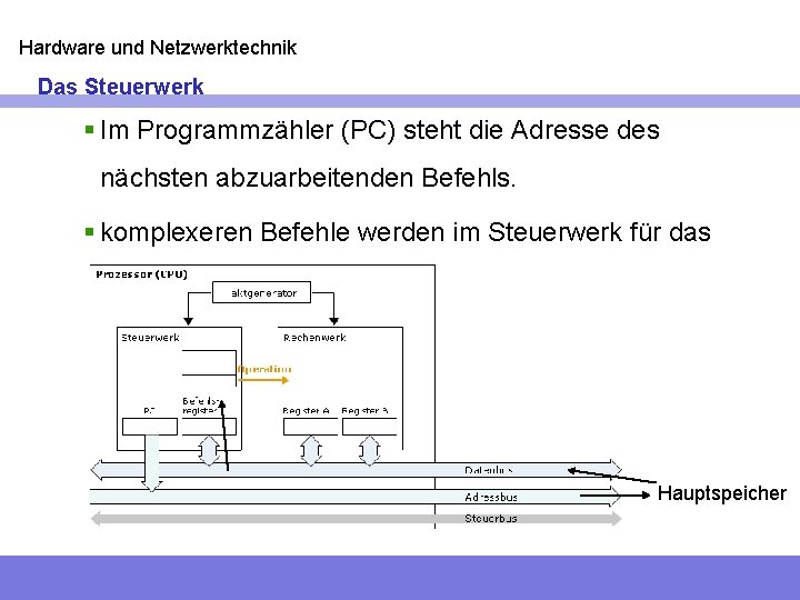 Hardware und Netzwerktechnik Das Steuerwerk § Im Programmzähler (PC) steht die Adresse des nächsten