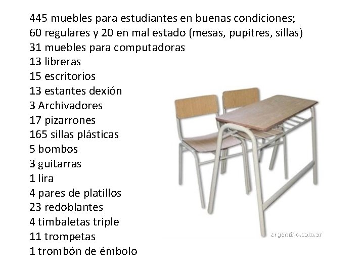 445 muebles para estudiantes en buenas condiciones; 60 regulares y 20 en mal estado