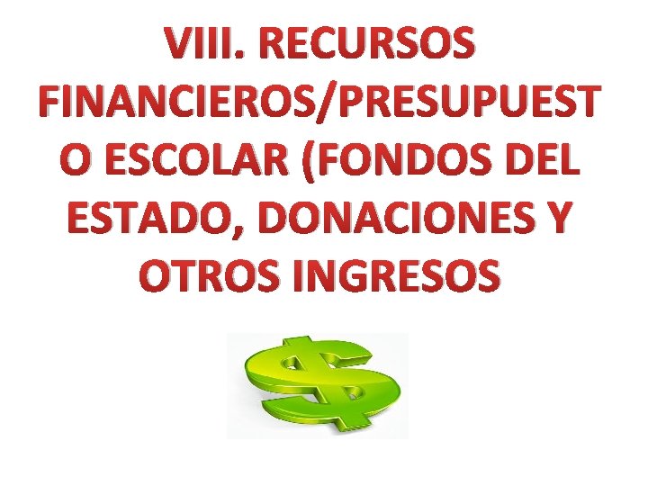 VIII. RECURSOS FINANCIEROS/PRESUPUEST O ESCOLAR (FONDOS DEL ESTADO, DONACIONES Y OTROS INGRESOS 