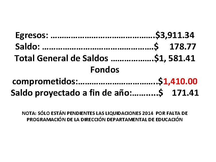 Egresos: ……………………. $3, 911. 34 Saldo: ……………………. $ 178. 77 Total General de Saldos