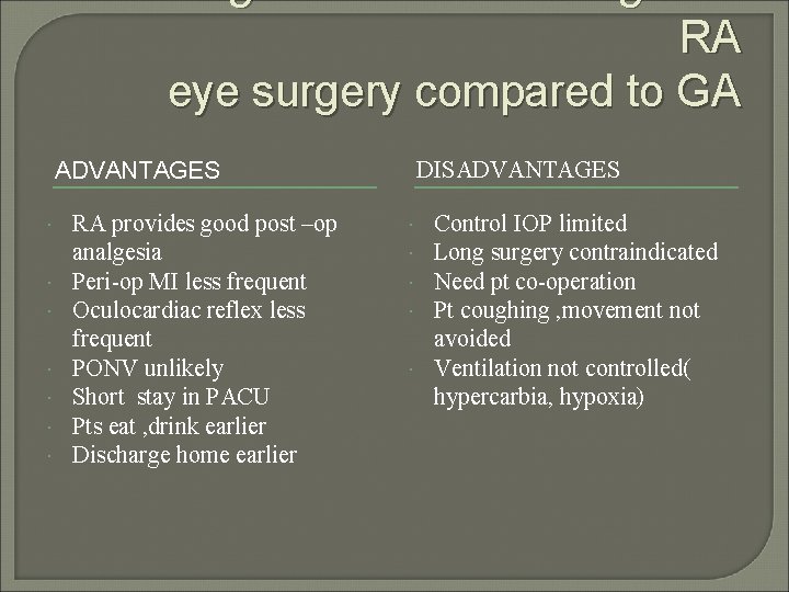 Advantages and disadvantages of RA eye surgery compared to GA ADVANTAGES RA provides good