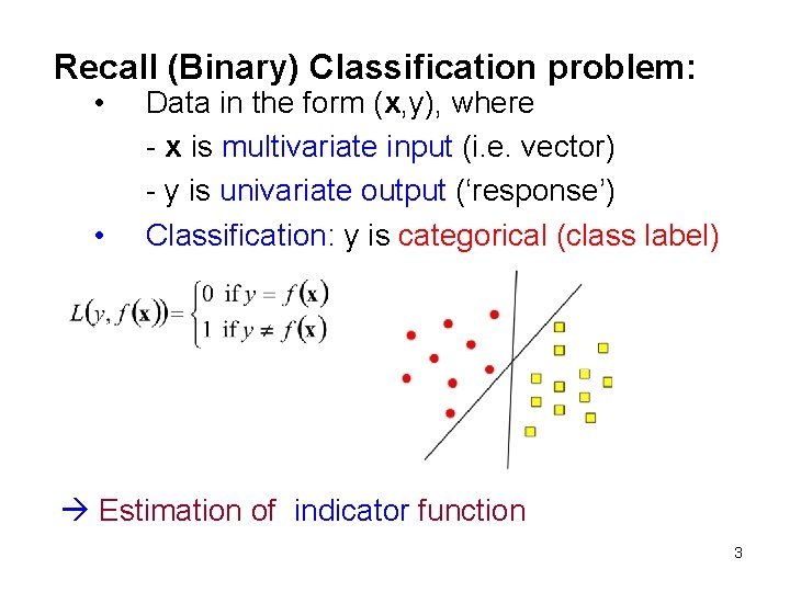 Recall (Binary) Classification problem: • • Data in the form (x, y), where - Recall (Binary) Classification problem: • • Data in the form (x, y), where -