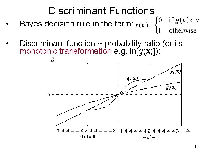 Discriminant Functions • Bayes decision rule in the form: • Discriminant function ~ probability Discriminant Functions • Bayes decision rule in the form: • Discriminant function ~ probability