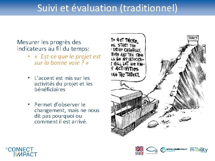 Suivi et évaluation (traditionnel) Mesurer les progrès des indicateurs au fil du temps: •