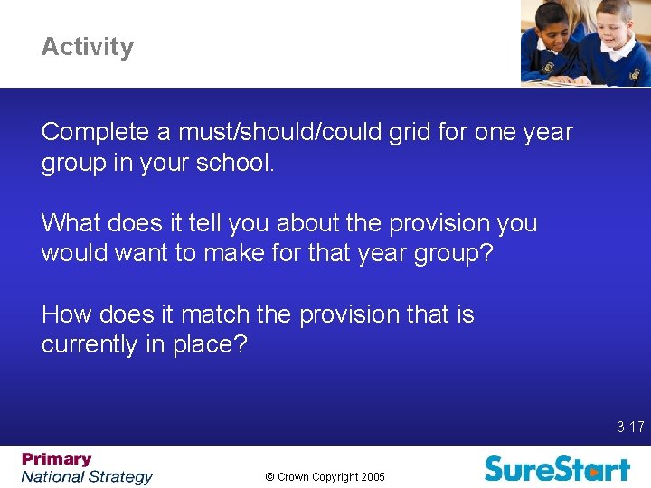 Activity Complete a must/should/could grid for one year group in your school. What does