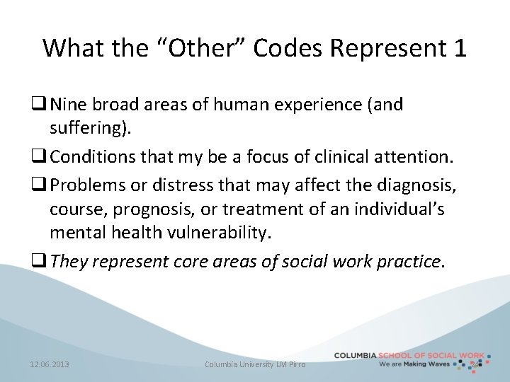 What the “Other” Codes Represent 1 q Nine broad areas of human experience (and