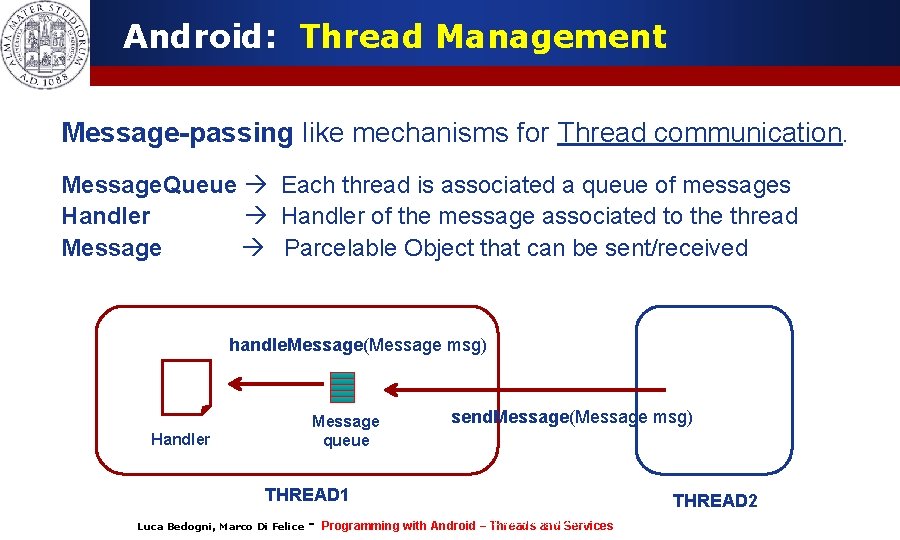 Android: Thread Management Message-passing like mechanisms for Thread communication. Message. Queue Each thread is