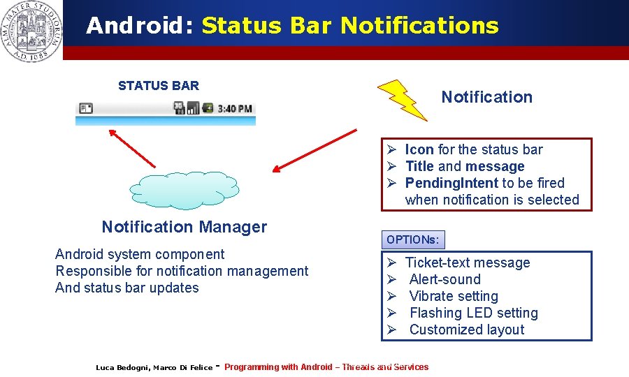 Android: Status Bar Notifications STATUS BAR Notification Ø Icon for the status bar Ø