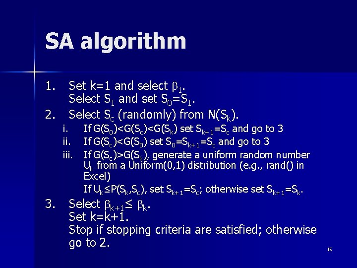 SA algorithm 1. 2. Set k=1 and select b 1. Select S 1 and