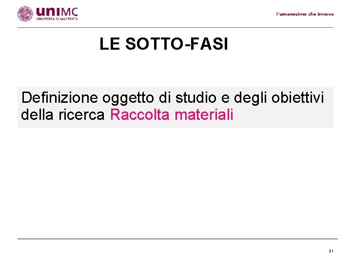 LE SOTTO-FASI Definizione oggetto di studio e degli obiettivi della ricerca Raccolta materiali 21