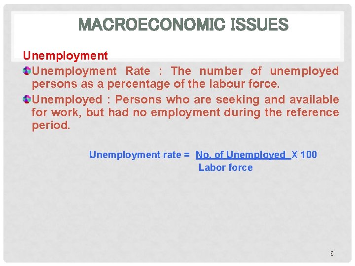 MACROECONOMIC ISSUES Unemployment Rate : The number of unemployed persons as a percentage of