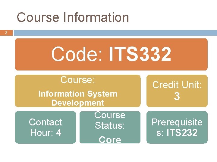 Course Information 2 Code: ITS 332 Course: Information System Development Contact Hour: 4 Course