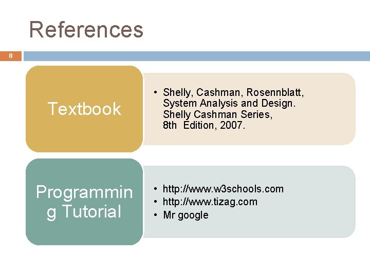 References 8 Textbook Programmin g Tutorial • Shelly, Cashman, Rosennblatt, System Analysis and Design.