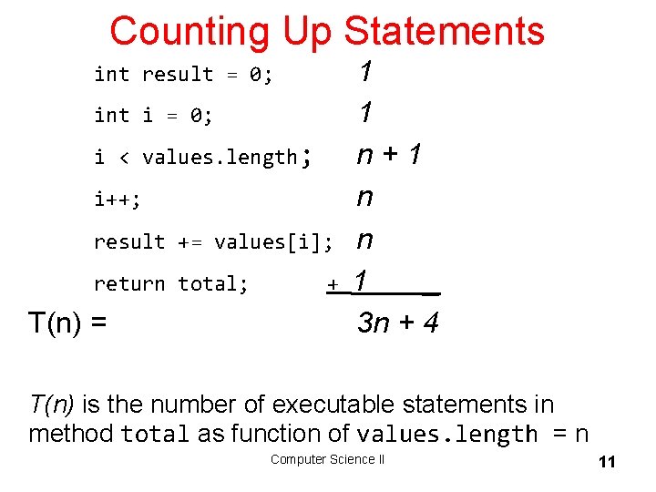 Counting Up Statements int result = 0; int i = 0; i < values.