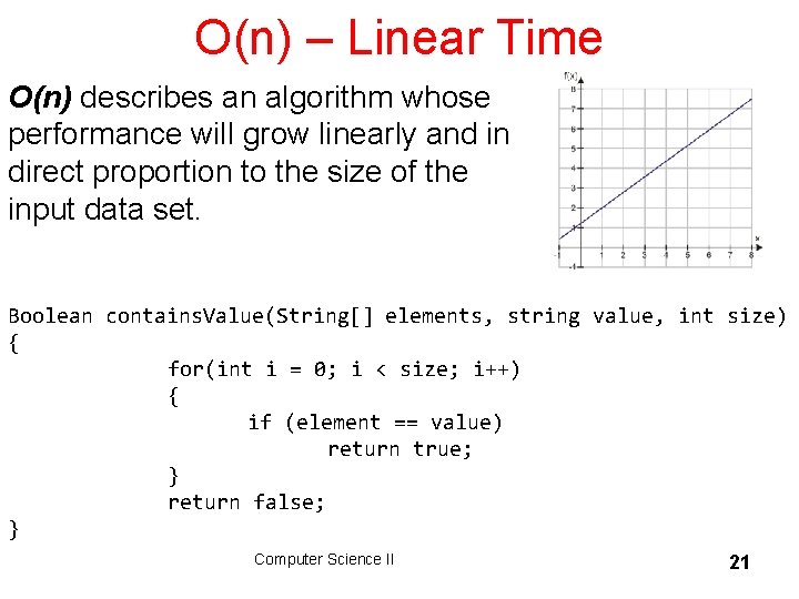 O(n) – Linear Time O(n) describes an algorithm whose performance will grow linearly and
