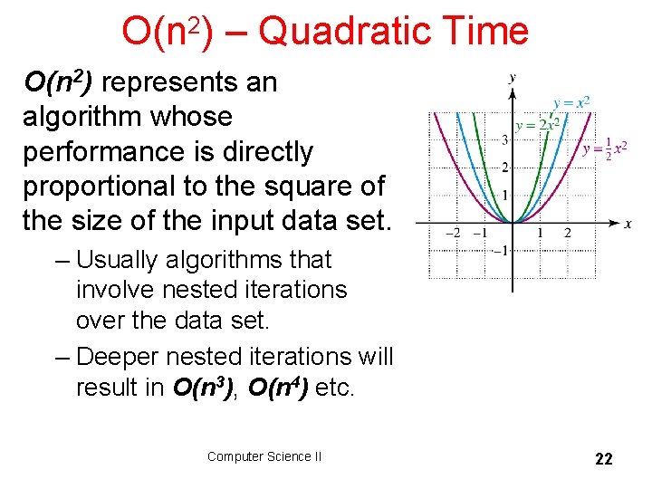 O(n 2) – Quadratic Time O(n 2) represents an algorithm whose performance is directly