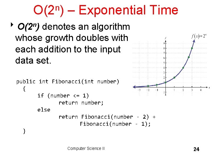 O(2 n) – Exponential Time 8 O(2 n) denotes an algorithm whose growth doubles