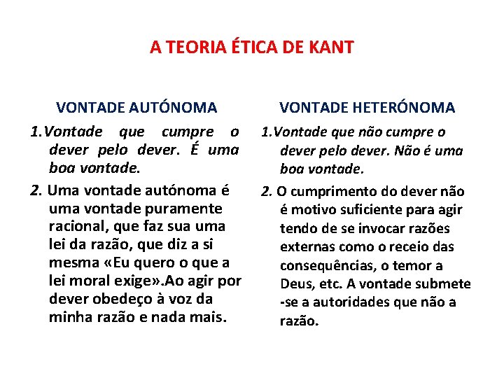 A TEORIA ÉTICA DE KANT VONTADE AUTÓNOMA VONTADE HETERÓNOMA 1. Vontade que cumpre o