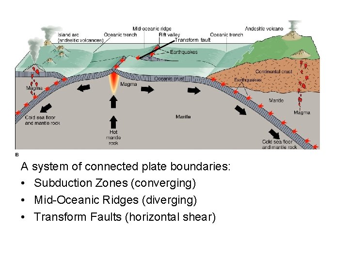 Transform fault A system of connected plate boundaries: • Subduction Zones (converging) • Mid-Oceanic