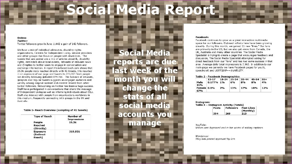 Social Media Report Social Media reports are due last week of the month you