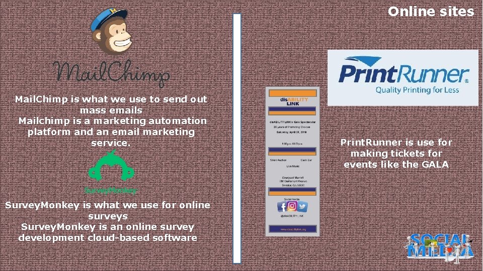 Online sites Mail. Chimp is what we use to send out mass emails Mailchimp