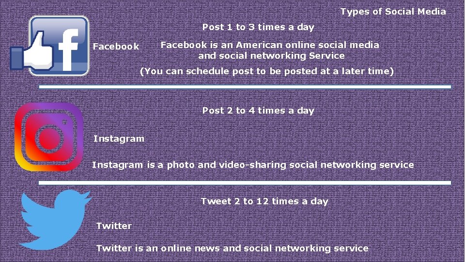 Types of Social Media Post 1 to 3 times a day Facebook is an