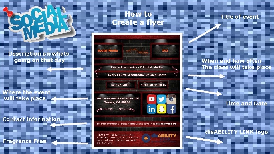 How to Create a flyer Description on whats going on that day Where the