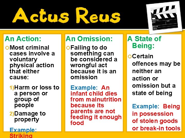 An Action: An Omission: Most criminal Failing to do cases involve a voluntary physical