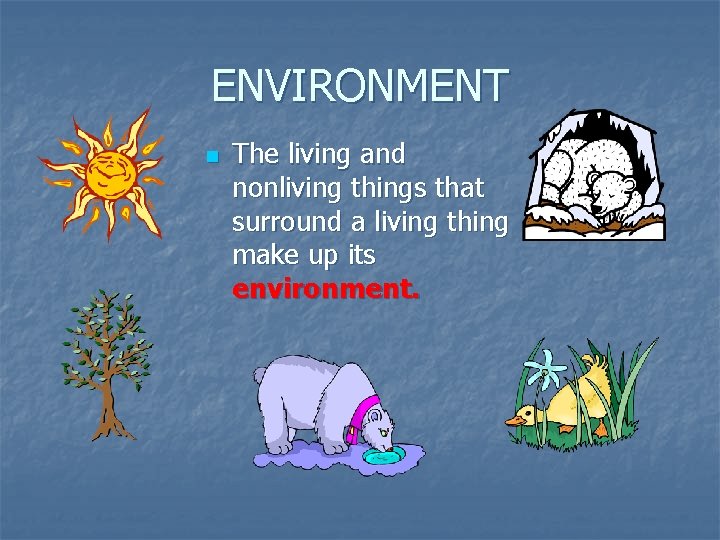 ENVIRONMENT n The living and nonliving things that surround a living thing make up
