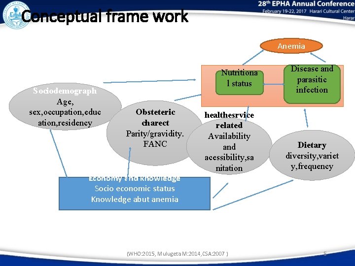 Conceptual frame work Anemia Sociodemograph Age, sex, occupation, educ ation, residency Nutritiona l status