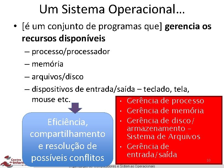 Um Sistema Operacional… • [é um conjunto de programas que] gerencia os recursos disponíveis