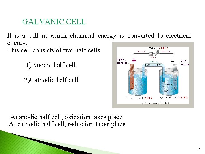 GALVANIC CELL It is a cell in which chemical energy is converted to electrical