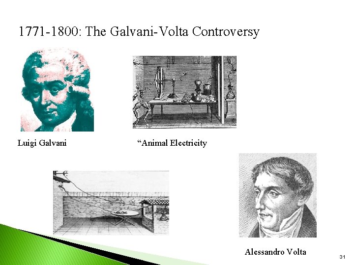 1771 -1800: The Galvani-Volta Controversy Luigi Galvani “Animal Electricity Alessandro Volta 31 