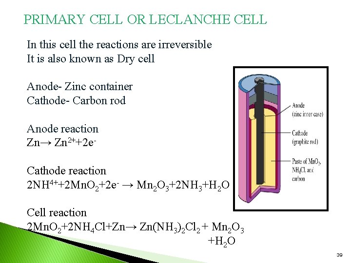 PRIMARY CELL OR LECLANCHE CELL In this cell the reactions are irreversible It is