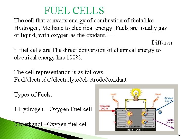 FUEL CELLS The cell that converts energy of combustion of fuels like Hydrogen, Methane
