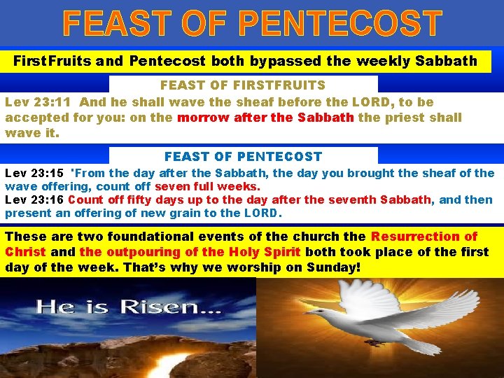 FEAST OF PENTECOST First. Fruits and Pentecost both bypassed the weekly Sabbath FEAST OF