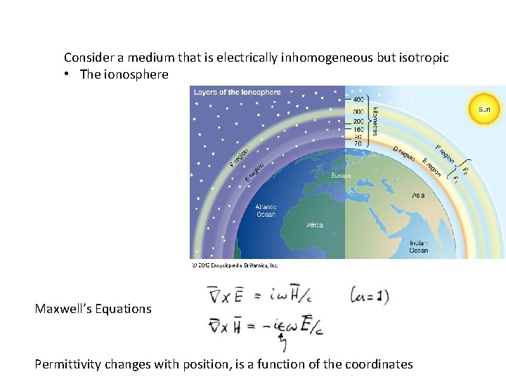 Consider a medium that is electrically inhomogeneous but isotropic • The ionosphere Maxwell’s Equations