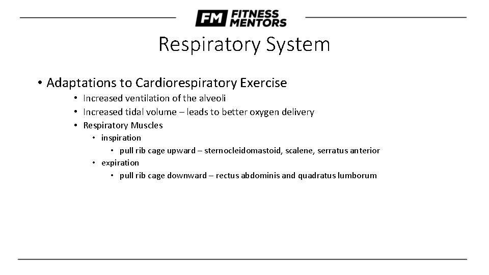 Respiratory System • Adaptations to Cardiorespiratory Exercise • Increased ventilation of the alveoli •