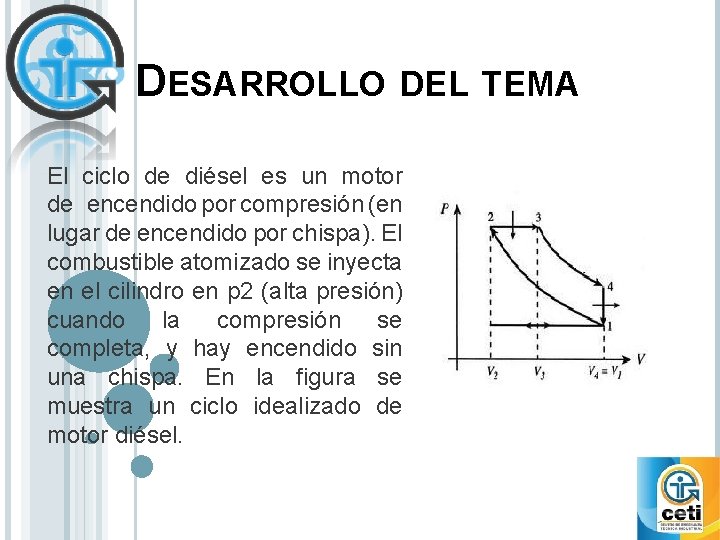 DESARROLLO DEL TEMA El ciclo de diésel es un motor de encendido por compresión