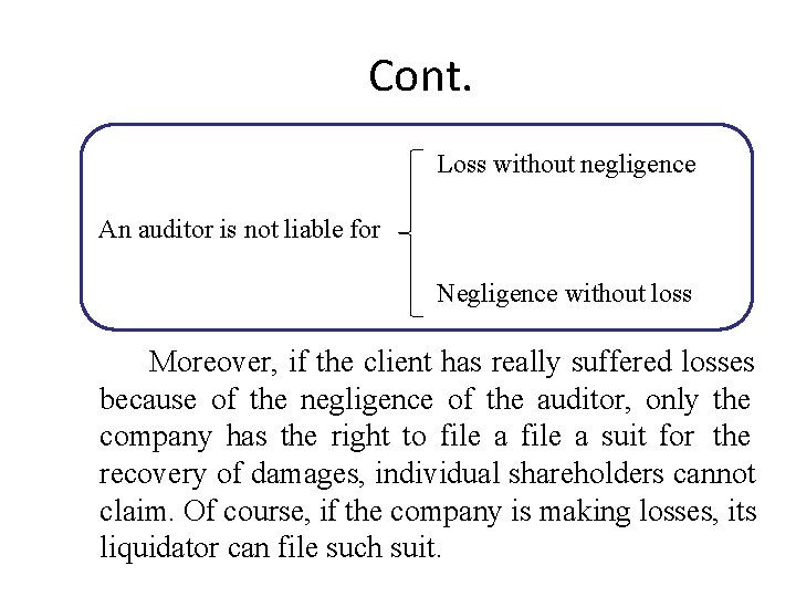 Cont. Loss without negligence An auditor is not liable for Negligence without loss Moreover,