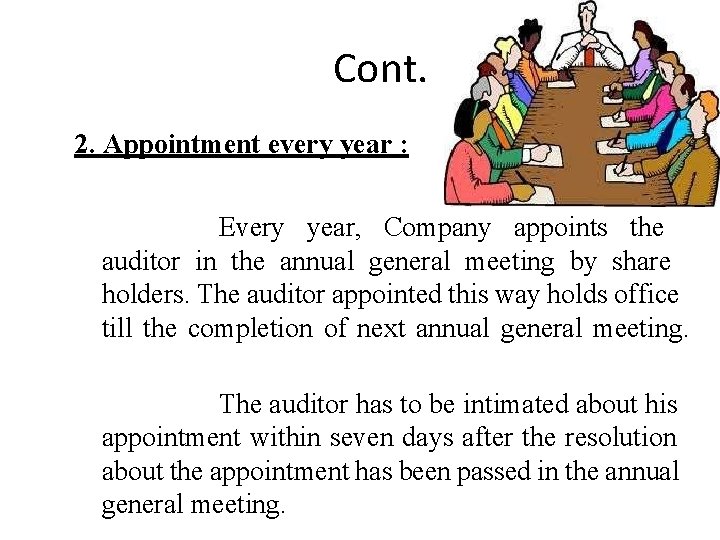 Cont. 2. Appointment every year : Every year, Company appoints the auditor in the