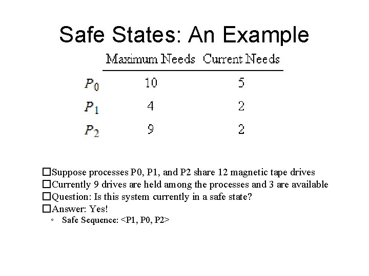 Safe States: An Example �Suppose processes P 0, P 1, and P 2 share Safe States: An Example �Suppose processes P 0, P 1, and P 2 share