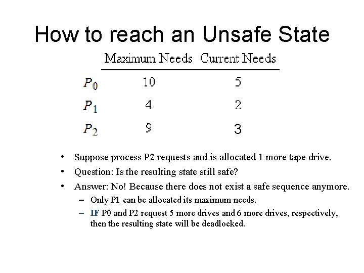 How to reach an Unsafe State 3 • Suppose process P 2 requests and How to reach an Unsafe State 3 • Suppose process P 2 requests and