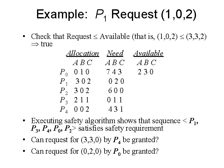 Example: P 1 Request (1, 0, 2) • Check that Request Available (that is, Example: P 1 Request (1, 0, 2) • Check that Request Available (that is,